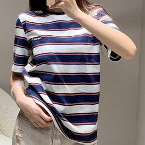 MIU MIU Men's and Women's Couple's Blue and White Stripe Fashion Short Sleeve